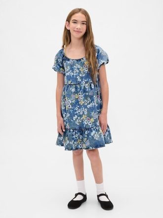 Abito floreale in denim con maniche a sbuffo per bambini