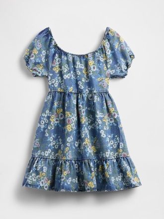 Abito floreale in denim con maniche a sbuffo per bambini