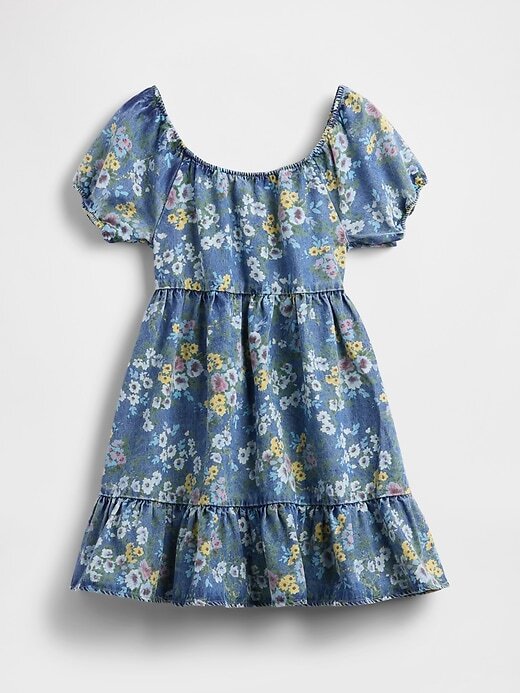 Abito floreale in denim con maniche a sbuffo per bambini Abito floreale in denim con maniche a sbuffo per bambini