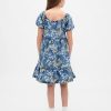 Abito floreale in denim con maniche a sbuffo per bambini Abito floreale in denim con maniche a sbuffo per bambini