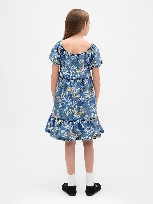 Abito floreale in denim con maniche a sbuffo per bambini Abito floreale in denim con maniche a sbuffo per bambini