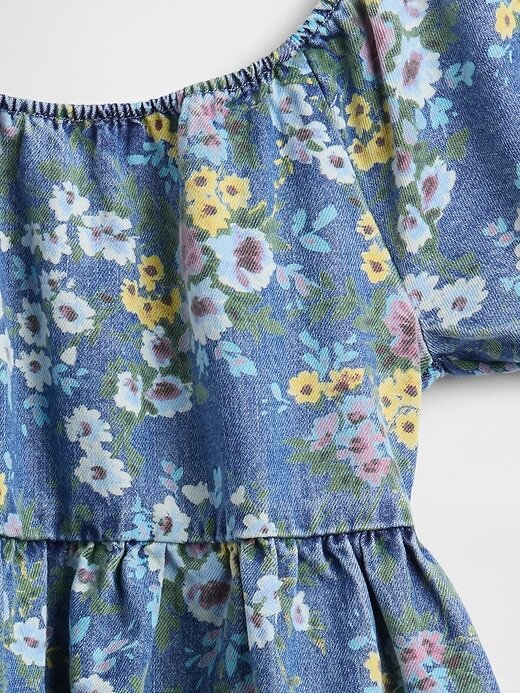 Abito floreale in denim con maniche a sbuffo per bambini Abito floreale in denim con maniche a sbuffo per bambini
