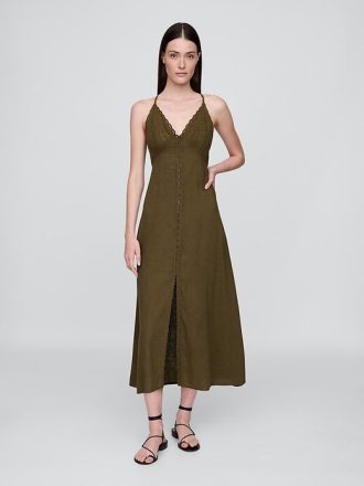 Abito lungo con scollo all’americana ricamato in misto lino