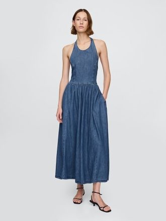 Abito lungo in denim con allacciatura posteriore