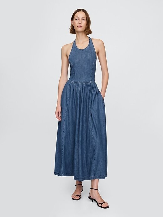 Abito lungo in denim con allacciatura posteriore Abito lungo in denim con allacciatura posteriore