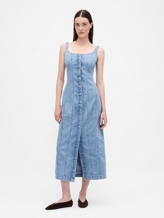 Abito lungo in denim con bottoni sul davanti e cuciture