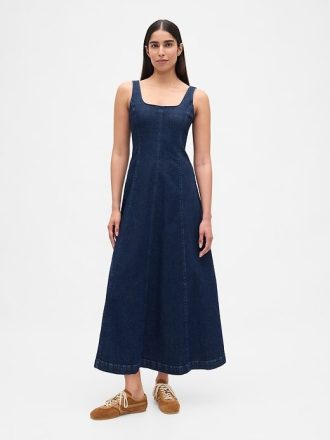 Abito lungo in denim con scollo quadrato