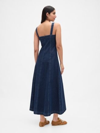 Abito lungo in denim con scollo quadrato