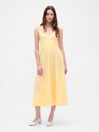 Abito midi con corsetto e cuciture in misto lino