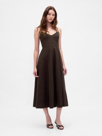 Abito midi con corsetto e cuciture in misto lino