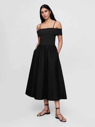Abito midi con spalle scoperte in tecnica mista