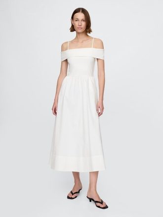 Abito midi con spalle scoperte in tecnica mista