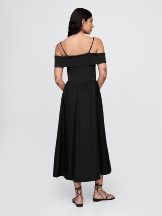 Abito midi con spalle scoperte in tecnica mista