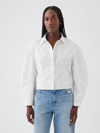 Camicia corta con maniche a botte in popeline di cotone biologico