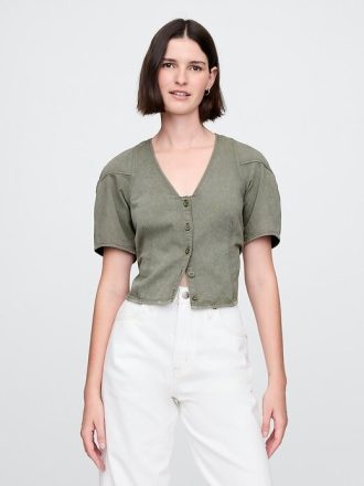 Camicia corta in denim con maniche a botte