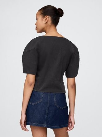 Camicia corta in denim con maniche a botte