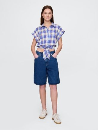 Camicia corta in misto lino con nodo sul davanti