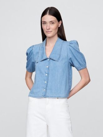 Camicia in denim con maniche a sbuffo e colletto