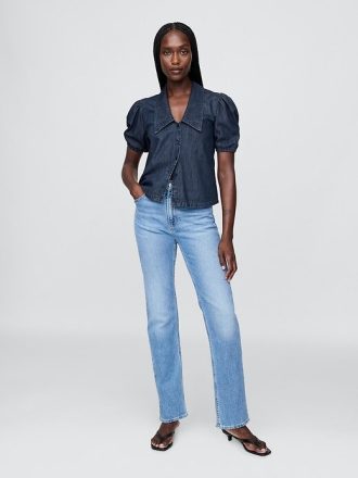 Camicia in denim con maniche a sbuffo e colletto