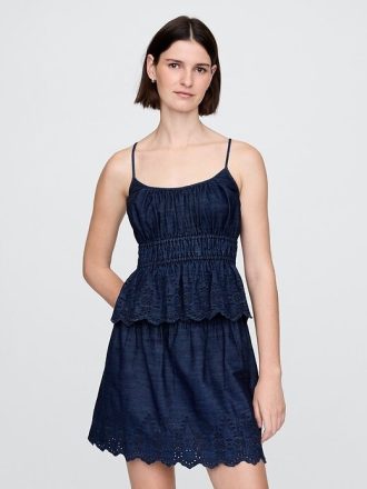 Canotta in denim con occhielli smock