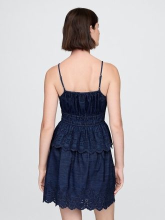 Canotta in denim con occhielli smock