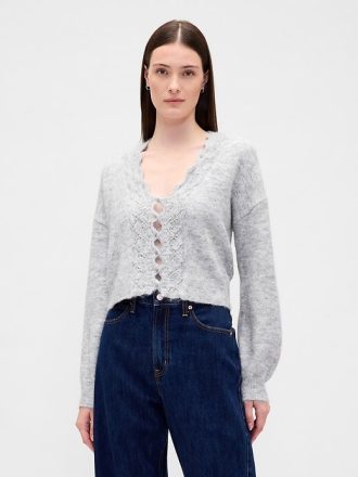 Cardigan corto smerlato traforato e sfocato