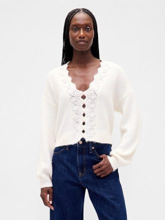 Cardigan corto smerlato traforato e sfocato