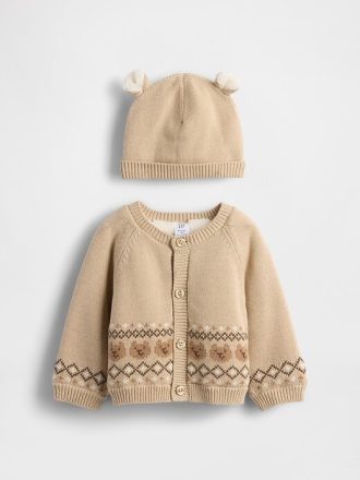 Completo cardigan con orsetto foderato in sherpa per neonati