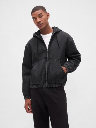 Felpa con cappuccio e zip foderata in sherpa in denim ultra morbido