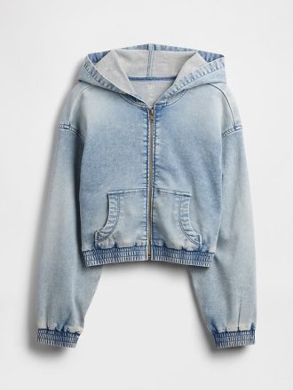 Felpa con cappuccio e zip in denim lavorato a maglia per bambini