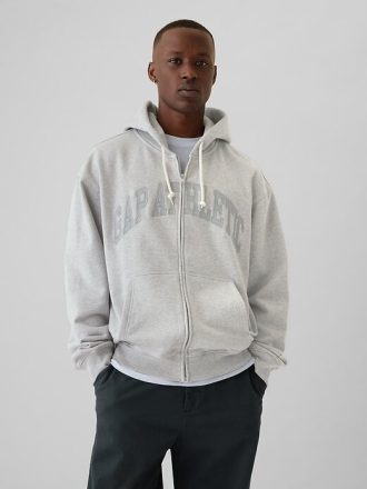 Felpa con cappuccio e zip intera con logo atletico pesante