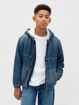 Felpa con cappuccio in denim con fodera in sherpa per bambini