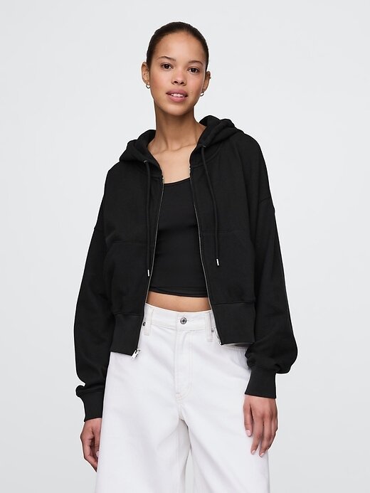 Felpa con cappuccio oversize in spugna francese con zip e zeppa Felpa con cappuccio oversize in spugna francese con zip e zeppa
