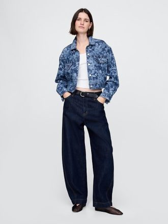 Giacca corta in denim con stampa floreale