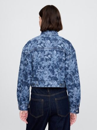 Giacca corta in denim con stampa floreale