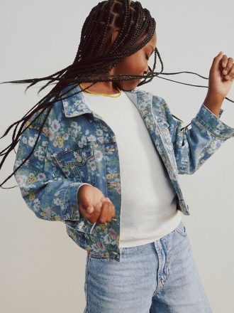 Giacca in denim floreale con maniche a palloncino per bambini