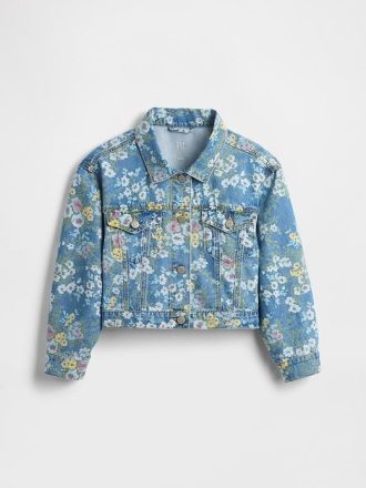 Giacca in denim floreale con maniche a palloncino per bambini