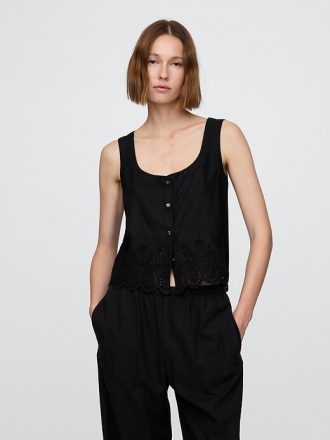 Gilet ricamato in misto lino