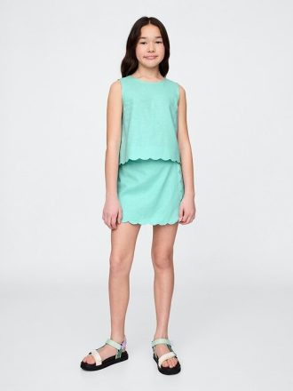 Gonna-pantalone avvolgente smerlata in lino e cotone per bambini