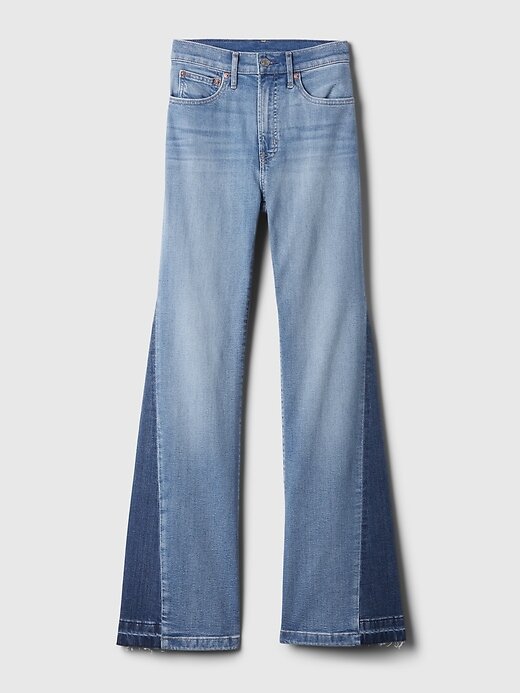 Jeans a zampa anni ’70 con toppe a vita alta Jeans a zampa anni ’70 con toppe a vita alta