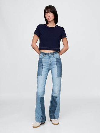Jeans a zampa patchwork anni ’70 a vita alta