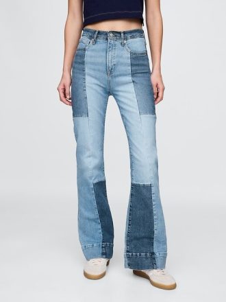 Jeans a zampa patchwork anni ’70 a vita alta