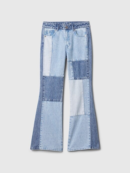 Jeans a zampa patchwork anni ’70 a vita alta per bambini Jeans a zampa patchwork anni ’70 a vita alta per bambini