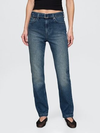 Jeans slim dritti a vita alta con cintura anni ’90