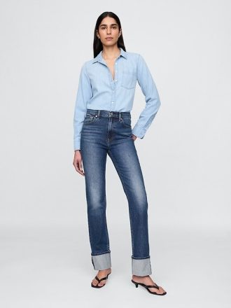 Jeans slim dritti a vita alta con risvolto anni ’90