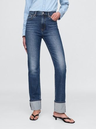 Jeans slim dritti a vita alta con risvolto anni ’90