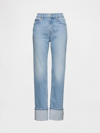 Jeans slim dritti a vita alta con risvolto anni ’90