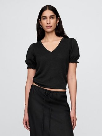 Maglia in misto lino con maniche a sbuffo