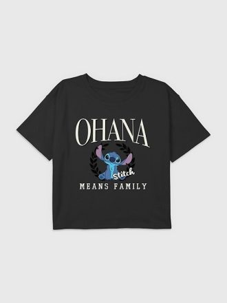 Maglietta corta squadrata grafica per bambini Lilo e Stitch Ohana Means Family