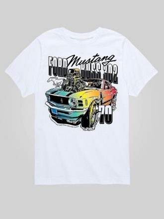 Maglietta grafica a maniche corte per bambini Ford Mustang arcobaleno del 1970